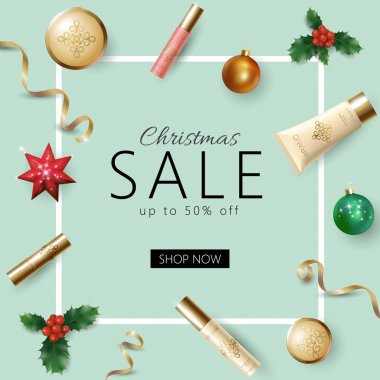 Gerçekçi 3d Noel tatil Satılık web banner şablon. Kozmetik makyaj ürün reklam dekorasyon holly dalları. Yeni yıl özel indirim kare çerçeve posteri vektör çizim