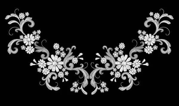 Bordado de vetor branco realista moda patch simétrico. Flor rosa margarida folhas vintage design vitoriano. Costura textura arranjo floral roupas decoração ilustração —  Vetores de Stock