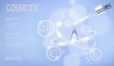 Gerçekçi 3d kozmetik reklam şablonunun. Hafif mavi şeffaf cam özü pipet yağ vitamin kabarcık serum yüz bakımı. Posteri şablon sıvı su damlacığı vektör çizim