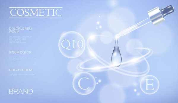 Refleic 3d cosmetic ad template. Светло-голубая прозрачная стеклянная сущность пипетки масло витаминный пузырь сыворотки уход за лицом. Рекламный шаблон капельницы жидкой воды векторная иллюстрация
