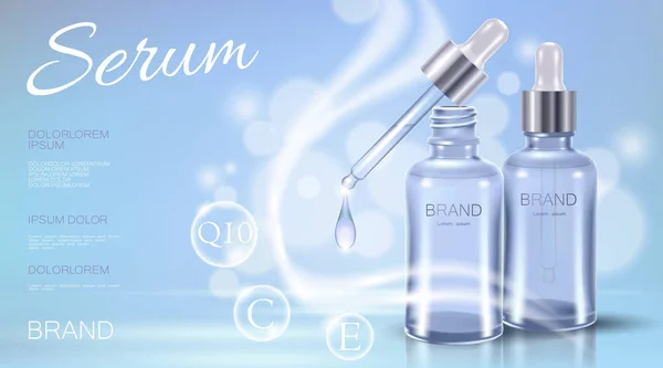 Realistische 3D-cosmetische ad sjabloon. Licht blauw transparant glas essentie fles Pipetteer olie vitamine zeepbel serum gezichts onderhoud. Promotie-poster sjabloon vloeibaar water druppel vectorillustratie — Stockvector