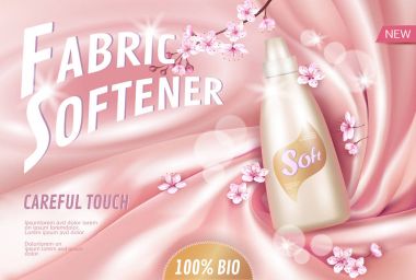 Sakura çiçek kumaş yumuşatıcı posteri şablonu. Pembe petal blossom Japon şube aroma. Altın pembe paket gerçekçi 3d ipek yumuşak saten arka plan illüstrasyon vektör