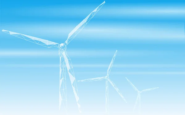Wind generator laag poly abstracte achtergrond. Sla ecologie groene energie elektriciteit bedrijfsconcept. Windmolen toren op blauwe hemel wolken landschap veelhoekige geometrische vectorillustratie — Stockvector
