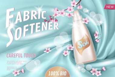 Sakura çiçek kumaş yumuşatıcı posteri şablonu. Pembe petal blossom Japon şube aroma. Altın paket gerçekçi 3d ipek açık mavi yumuşak saten renkli vektör çizim
