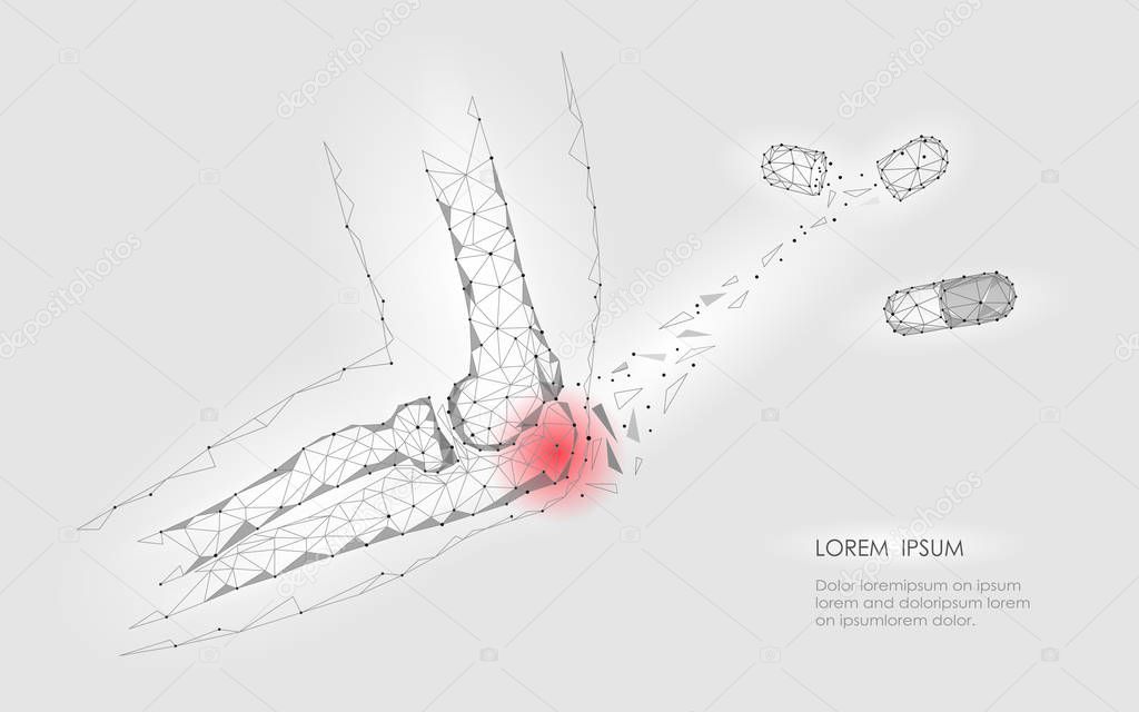Drug capsule cure elbow joint disease. Red pain area low poly geomentic future medicine concept technology. Innovation medicine science. Arm ulna injury polygonal connection vector illustration