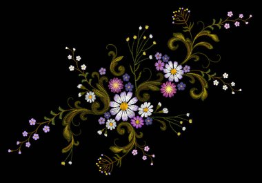Gerçekçi hassas vektör nakış moda yama. Çiçek gül daisy vintage Victoria tasarım bırakır. Dikiş doku çiçek düzenleme giysi dekorasyon illüstrasyon