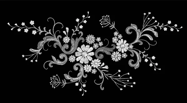 Realistica patch di moda per ricamo vettoriale bianco. Fiore rosa margherita foglie vintage design vittoriano. Stitch texture floreale disposizione abiti decorazione illustrazione — Vettoriale Stock