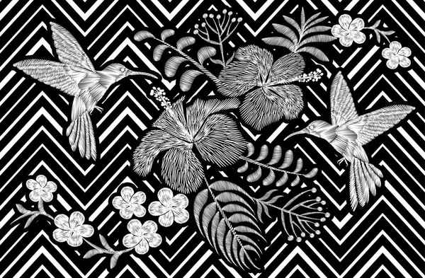 Colibríes alrededor de flor plumeria hibiscus tropical blossom. Bordado moda decoración textil impresión negro blanco raya geométrica fondo vector ilustración — Vector de stock