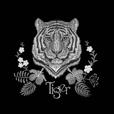 Beyaz nakış gerçekçi doku kaplan yüz yama. Moda çiçek baskı Tekstil dekorasyon yazıt vektör çizim ile