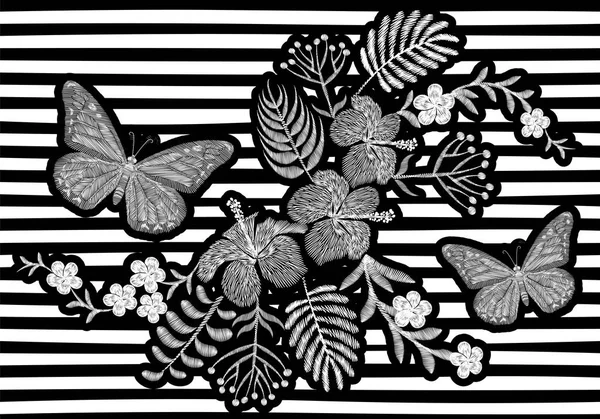 Diseño de textura de bordado realista mariposa. Exóticas flores blancas decoración de moda en rayas monocromo fondo vector negro ilustración — Vector de stock