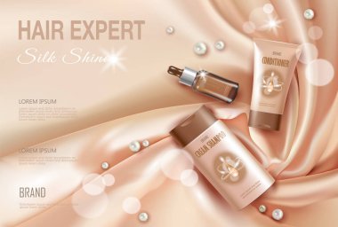 Saç kozmetik reklam şampuan saç kremi serum nemlendirici. Hafif bej ipek kumaş su sıvı damla çiçek sakura kiraz blossom.3d gerçekçi paket sahte kadar poster afiş şablon vektör çizim