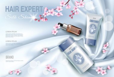 Saç kozmetik reklam şampuan saç kremi serum nemlendirici. Hafif mavi ipek kumaş su sıvı damla çiçek sakura kiraz blossom.3d gerçekçi paket sahte kadar poster afiş şablon vektör çizim
