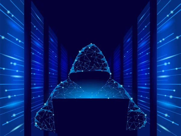 互联网安全网络攻击业务理念低聚。匿名黑客在笔记本电脑上的蓝色金融危机。服务器室机架多边形点线点几何设计矢量图 — 图库矢量图片