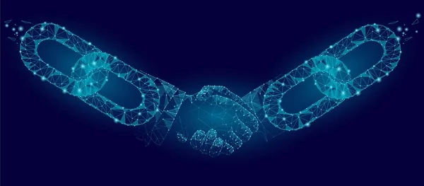 Blockchainových technologií dohoda handshake obchodní koncept nízké poly. Polygonální bod linie geometrický design. Rukou řetěz propojit internet hypertextový odkaz připojení modré vektorové ilustrace — Stockový vektor