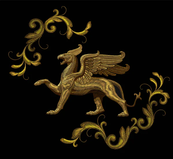 Diseño de parche textil grifo bordado texturizado dorado. Decoración de moda ornamento estampado de tela. Oro sobre fondo negro legendario personaje mítico león águila vector ilustración — Archivo Imágenes Vectoriales