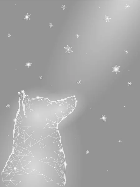 Feliz Año Nuevo Chino de perro. Laika sentado mirando hacia arriba cielo geométricos copos de nieve estrellas noche esperanza sueño. Plantilla de tarjeta blanca gris de felicitación abstracta de triángulo poligonal bajo poli. Ilustración vectorial — Vector de stock