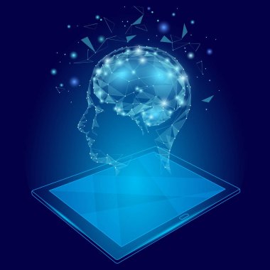Düşük Poli soyut beyin tablet pc sanal gerçeklik kavramı. Geometrik poligonal hologram zihin hayal yenilik modern vektör çizim etkin eğitim online ekstra zihinsel istihbarat