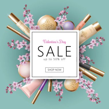 3D gerçekçi Sevgililer günü satış banner şablon. Teklif bahar çiçek sakura pembe petal kozmetik paket sahte çerçeve tasarım narin pembe bej Altın ışık mavi vektör çizim kadar indirim