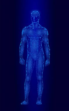 Güçlü sağlıklı insan vücudu ayakta 3d modeli düşük Poli tasarımı. Android robot insansı en uygun mükemmel erkek fitness spor şekli. Poligonal geometrik nokta çizgi parçacık Mavi parlaklık vektör çizim