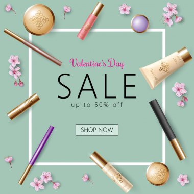 3D gerçekçi Sevgililer günü satış banner şablon. Teklif bahar çiçek sakura pembe petal kozmetik paket sahte çerçeve tasarım narin pembe bej Altın ışık mavi vektör çizim kadar indirim