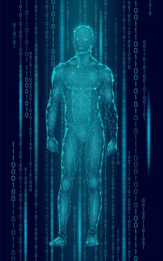 İnsansı android adam ayakta siber ikili kod. Robot yapay zeka düşük Poli poligonal insan vücut fitness şekli. Internet ağ vektör soyut mavi çizim miyim