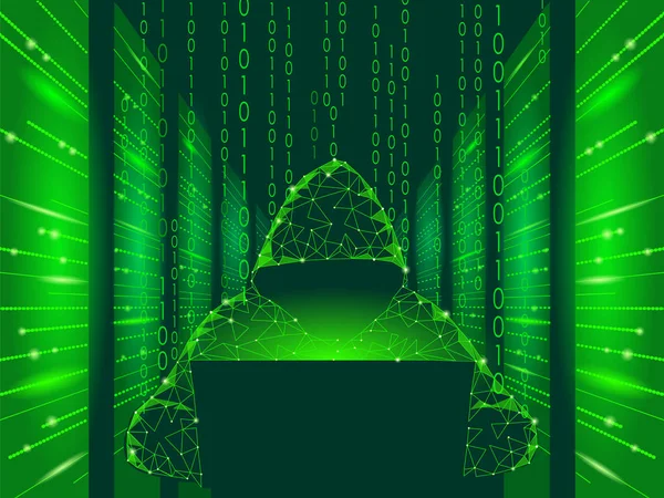 インターネット セキュリティ サイバー攻撃ビジネス概念低ポリ。ラップトップ コンピューターの青い金融危険で匿名のハッカー。サーバー ルームのラック多角形ポイント ライン ドット幾何学的ベクトル図 — ストックベクタ