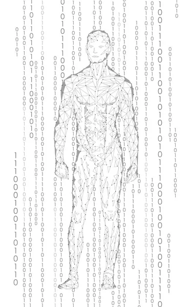 Гуманоїд андроїд чоловік стоїть в кіберпросторі двійковий код. Робот штучного інтелекту низької полігональної форми тіла людини. Розум Інтернет-мережа Векторні абстрактні сіро-білі ілюстрації — стоковий вектор