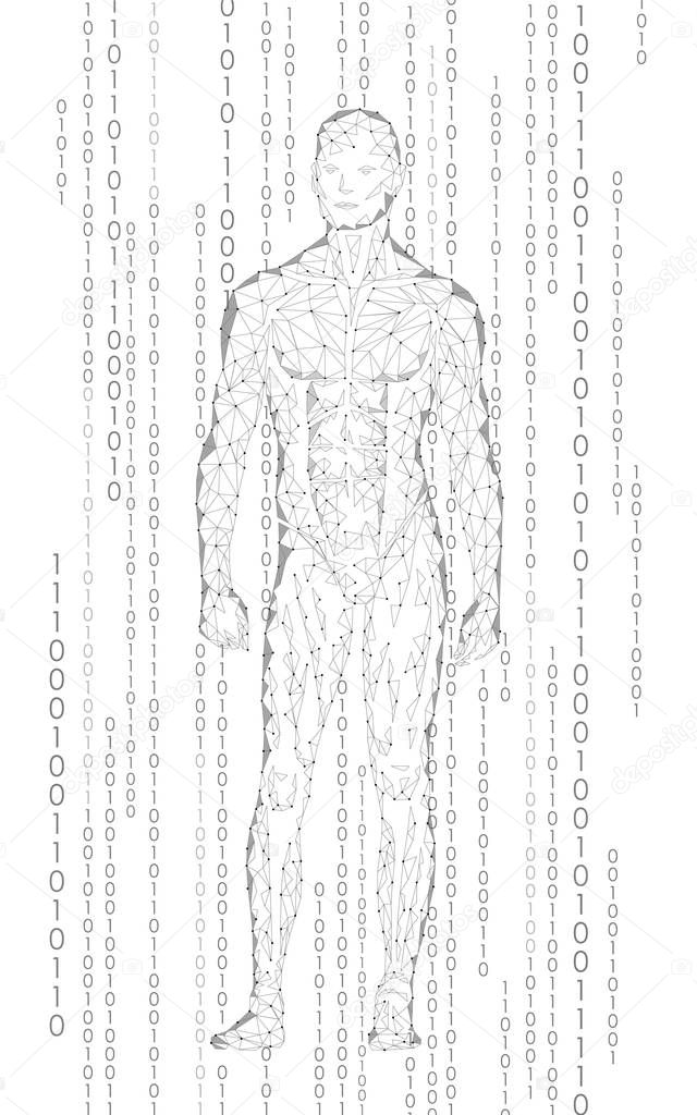 Humanoid android man standing cyberspace binary code. Robot artificial intelligence low poly polygonal human body fitness shape. Mind internet network vector abstract gray white illustration