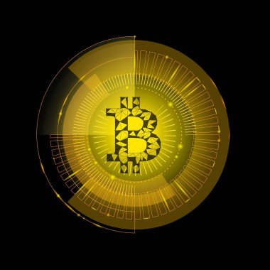 Altın bitcoin işareti cryptocurrency hud hedef. Düşük Poli geometrik Finans e-ticaret online ödeme blockchain sistem altın rengi siyah arka plan vektör çizim