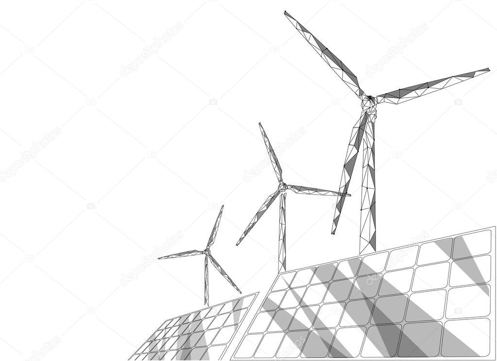 Solar panels windmills turbine generating electricity. Green ecology saving environment. Renewable power low poly polygonal geonetric abstract gray white sky design vector illustration