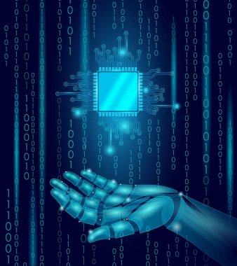 Robot android elini tut işlemci cpu. Düşük Poli poligonal parçacık nokta satır geometrik render. Bilgisayar yüksek bilim mikroçip geleceğin teknolojisi analiz kavramı mavi ikili kod vektör çizim