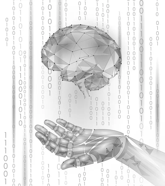 Roboterhand hält menschliches Gehirn. Low Poly polygonale Partikelpunktlinie geometrisches Rendering. mentale Bildung kreative Idee Zukunft Geist Technologie Konzept weiß binären Code-Vektor Illustration — Stockvektor