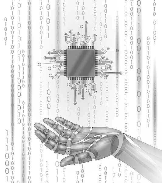 Robot android mão segurar processador cpu. Linha de ponto de partícula poligonal baixa renderização geométrica. Computador de alta ciência microchip futuro conceito de análise de tecnologia branco código binário vetor ilustração —  Vetores de Stock