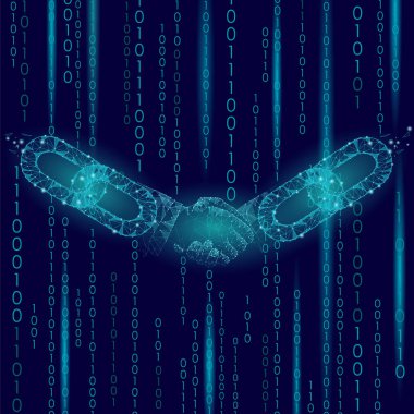 El sıkışma düşük Poli. Blockchain internet teknoloji e-ticaret iş sözleşmesi ortaklığı karşılamak. Poligonal geometrik parçacık el. Yenilik gelecekteki ikili kod arka plan vektör çizim