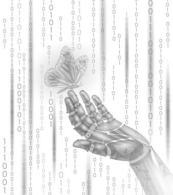 Mekanik robot parmağı yandan kelebek. Poligonal geometrik yenilik teknoloji futurustic doğa kontrast kavramı. İkili kod numarası android ekoloji vektör çizim