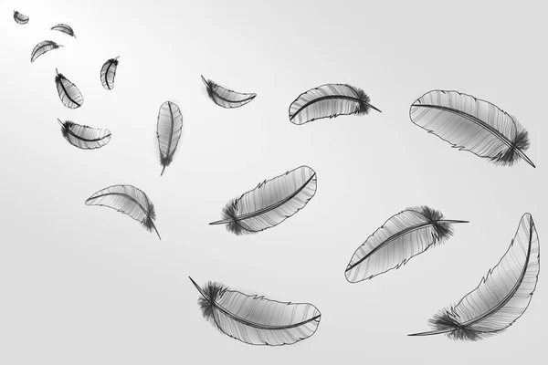 Plumas realistas gris blanco dibujo línea neón cisne bird.Falling viento vuelo luz abstracta composición vector ilustración — Vector de stock