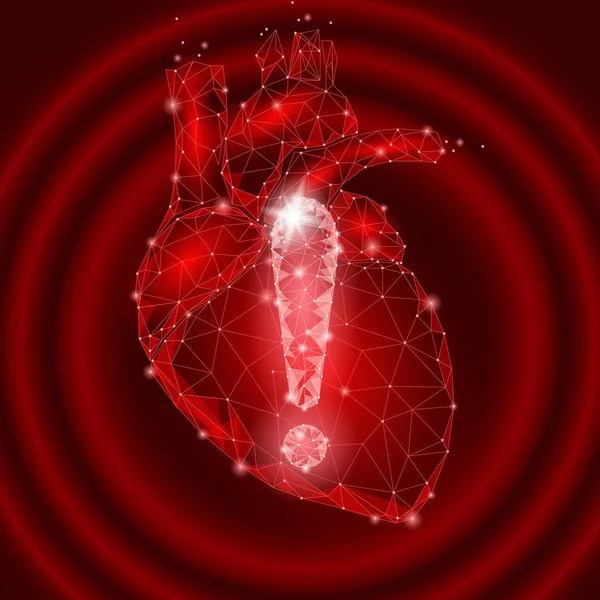 Увага медичного попередження точки викривлення серця низький полімер. Попереджати небезпечні хвороби медицини ризикують запобігти безпеці концепції захисту. Червоний трикутник точка лінії багатокутник Векторні ілюстрації — стоковий вектор
