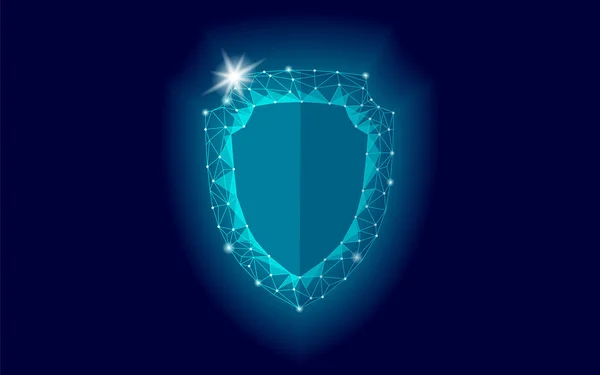 サイバー セキュリティ安全シールド低ポリ。多角形の幾何学的な熱烈なガードは、ウイルスのインターネット攻撃から保存します。青色の防衛宇宙未来的なモダン デザイン ベクトル図 — ストックベクタ