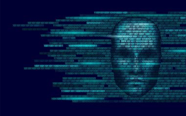 Hacker yapay zeka robot tehlike karanlık yüzü. Cyborg ikili kod baş gölge online kesmek Uyarı kişisel veri akıl zihin sanal bilgi vektör çizim