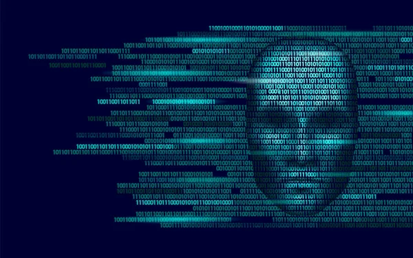 Hacker kecerdasan buatan robot bahaya wajah gelap. Cyborg binary code head shadow online hack alert data personal intellect mind virtual information vector illustration - Stok Vektor