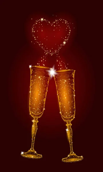Два 3d золотое шампанское стекло стекло сердечная форма пузырь блестящий. Романтическая любовь День Святого Валентина празднование свадьбы пара. Красный многоугольный треугольник с низким поли-золотом — стоковый вектор