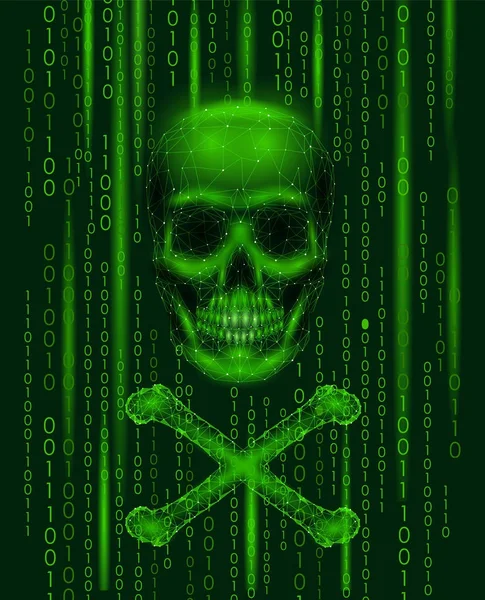 Jolly roger skull nomor kode biner. Hacker pembajakan komputer online serangan waspada. Peringatan menakutkan meretas keamanan data. Ilustrasi vektor render vektor 3d baris poligonal rendah - Stok Vektor