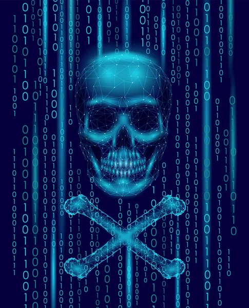 Jolly roger skull nomor kode biner. Hacker pembajakan komputer online serangan waspada. Peringatan menakutkan meretas keamanan data. Ilustrasi vektor render vektor 3d baris poligonal rendah - Stok Vektor