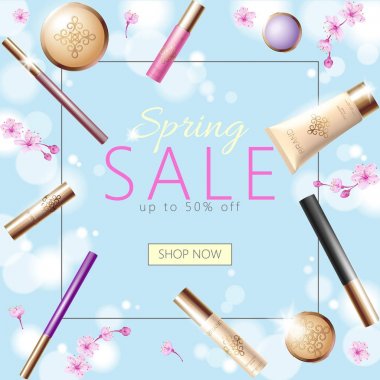 Gerçekçi 3d kozmetik bahar satış banner şablon. Kare posteri dekoratif mavi gökyüzü altın paket pembe sakura Japon çiçek makyaj çerçeve düz yatıyordu vektör çizim