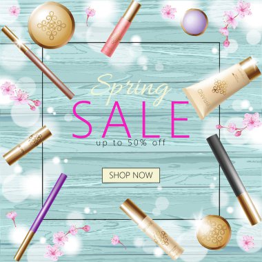 Gerçekçi 3d kozmetik bahar satış banner şablon. Kare posteri dekoratif ahşap tahta masa altın paket pembe sakura Japon çiçek makyaj çerçeve düz yatıyordu vektör çizim