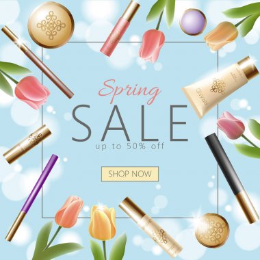 Gerçekçi 3d kozmetik bahar satış banner şablon. Kare posteri Lale çiçek mavi gökyüzü bulanıklık ışık altın paket pembe çerçeve düz koymak vektör çizim