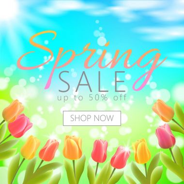 Gerçekçi 3d Satılık komut dosyası yazı web banner şablon bahar. Kare sosyal posteri vektör şimdi illüstrasyon mavi çim gökyüzü mavi arka plan Dükkanı Lale çiçek renk