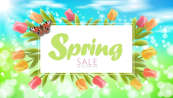 Realistic 3d spring sale script lettering web banner template. Color tulip flowers butterfly grass blue sky blue background flyer frame promotional square social poster vector illustration — Stock Vector