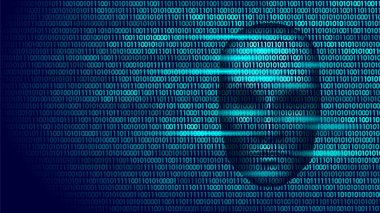 Hacker yapay zeka robot tehlike karanlık yüzü. Cyborg ikili kod baş gölge online kesmek Uyarı kişisel veri akıl zihin sanal bilgi vektör çizim