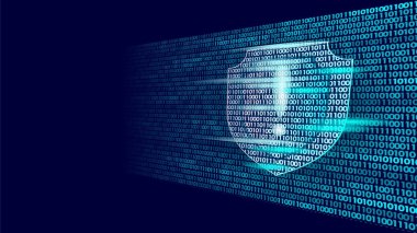 Kalkan koruma güvenlik sistem ikili kod akışı. Büyük veri güvenlik hacker saldırı bilgisayar virüsten koruma iş kavramı ünlem bilgi vektör çizim